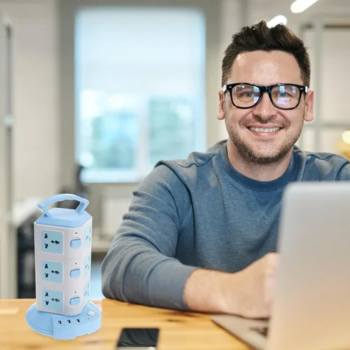 Vista 9 de Sewroro Regleta de alimentación USB con tomas verticales, control individual para cada sección de enchufe, cable de extensión azul, adecuado