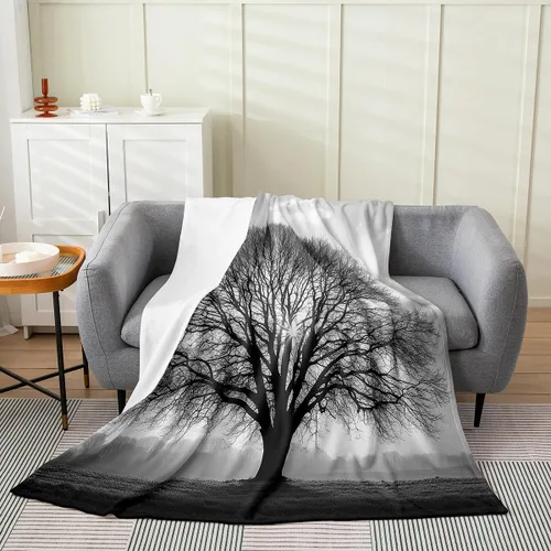 Vista 29 de Erosebridal Sketch Tree Flannel Blanket 40x50 Inch Vintage Farmhouse Fleece Blanket Grey Minimalist Mid Century Fuzzy Plush Throw French Country