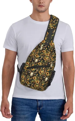 Vista 7 de Small Crossbody Bags for Women Men - Vintage Deer Skull Sunflowers Print Adjustable Shoulder Bag Fanny Packs Belt Sling Bag Crossbody Purses