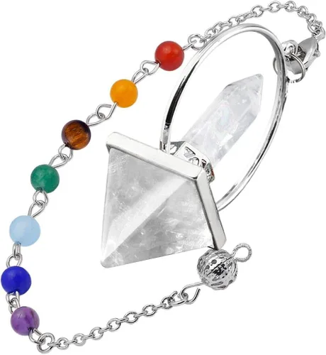 Vista 2 de Nupuyai Péndulo de punto de cristal curativo piramidal con 7 cuentas de piedra de chakras para radiestesia, adivinación y meditación Reiki