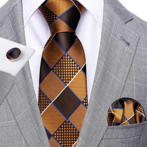 Vista 31 de Barry.Wang Juego de corbatas a cuadros para hombre con pañuelo gemelos de rayas clásicas