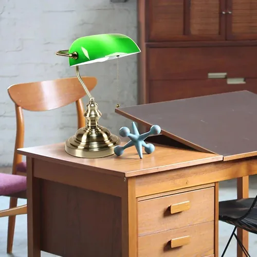 Vista 5 de Bankers - Lámpara de escritorio con interruptor de cadena, lámparas de escritorio con pantalla de vidrio verde, lámpara tradicional de biblioteca