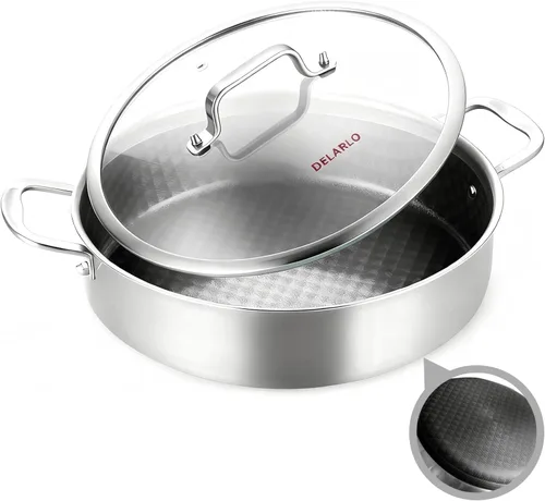Vista 10 de DELARLO Sartén de tres capas de acero inoxidable de 10 pulgadas Sartén de freír profunda de 3QT con tapa Sartén de saltear con tapa Compatible
