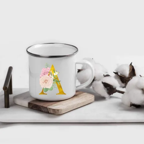 Vista 2 de Andaz Press Taza de café de acero inoxidable para niños de 11 onzas, regalo de taza de café de fogata, rosa rubor, monograma de oro sintético, letra