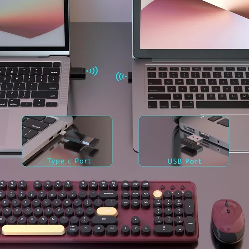 Vista 3 de Combo de teclado y mouse inalámbricos retro con reposamuñecas (rojo claret)