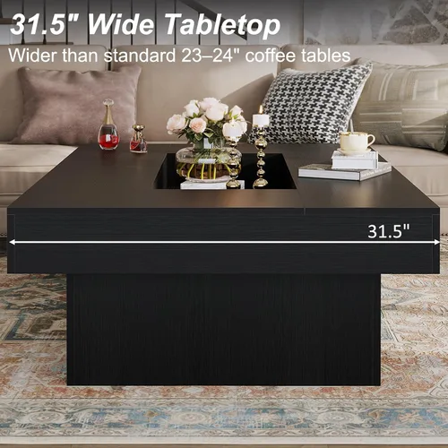 Vista 4 de LVB - Mesa de café negra, mesa de sala moderna de madera con LED y almacenamiento, mesa central única de gran tamaño y forma rectangular con luz