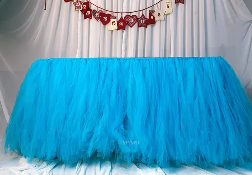 Vista 4 de Falda para mesa de tutú de tul, decoración de mesa rectangular o redonda para fiesta de boda, dama de honor, hermana, disfraz, moda de lujo Tutu-azul
