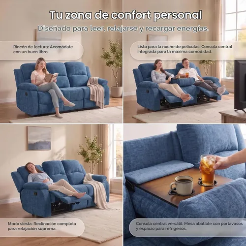 Vista 4 de Juego de sofá reclinable de 2 piezas, sofá reclinable de tela y sofá biplaza para sala de estar, sofá reclinable azul para sala de estar, oficina
