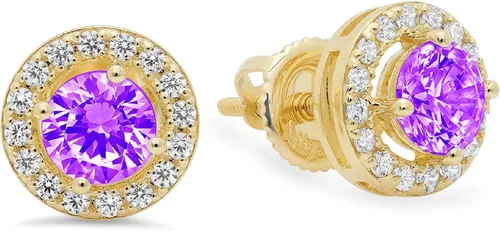Vista 8 de Aretes de 1,5 quilates con halo de corte redondo y amatista púrpura natural, unisex, diseño solitario con rosca trasera, oro amarillo sólido de 14