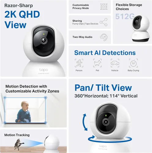 Vista 2 de TP-Link Tapo - Cámara de seguridad Pan/Tilt de 2K QHD para cámara de mascotas, monitor de bebé, detección de movimiento, seguimiento de movimiento