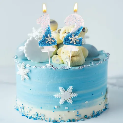 Vista 5 de Velas de cumpleaños del 0 al 9, velas de números con purpurina de copo de nieve, decoración de pasteles blancos y azules para niños y adultos
