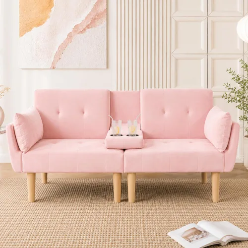 Vista 14 de Sofá Cama Futón de Terciopelo Moderno 2 en 1, Sofá Cama Plegable Convertible con 2 Almohadas, Loveseat Reclinable Acolchado de 63" con Patas de Beige