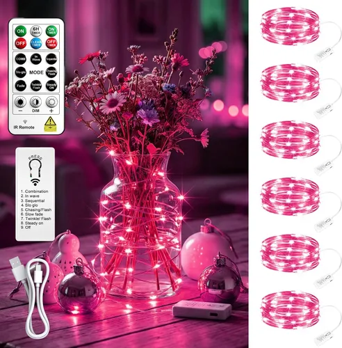 Vista 24 de Paquete de 4 50 luces LED que funcionan con pilas con temporizador de bricolaje, cadena de luces recargables de 16 pies para interiores, 8 modos