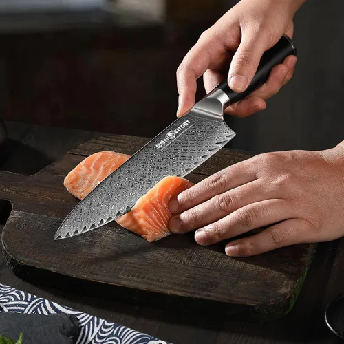 Vista 2 de Cuchillo de chef de Damasco de 8 pulgadas, núcleo de corte de acero HC 10Cr15CoMoV recubierto con 72 capas de acero de Damasco, mango de madera