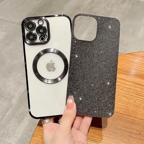Vista 4 de Compatible con iPhone 13 Pro Max Funda magnética con purpurina, bonita funda transparente chapada de lujo, compatible con MagSafe para mujeres
