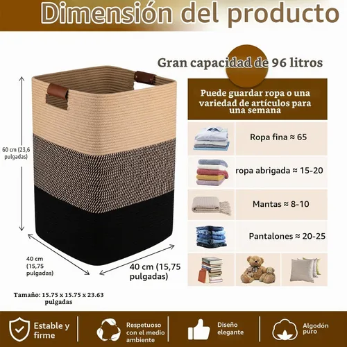 Vista 4 de Cesta de Ropa Sucia 96L Extra Grande Cesta de Lavandería, Cesta Tejida para Mantas, Cesta de Almacenamiento Tejida de Algodón con Asas para Sala