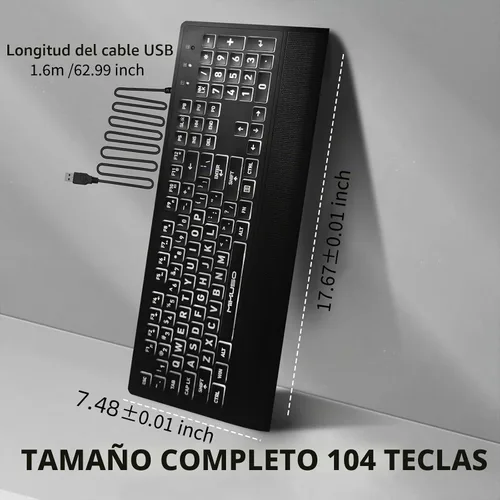 Vista 8 de Teclado retroiluminado de impresión grande, USB con cable