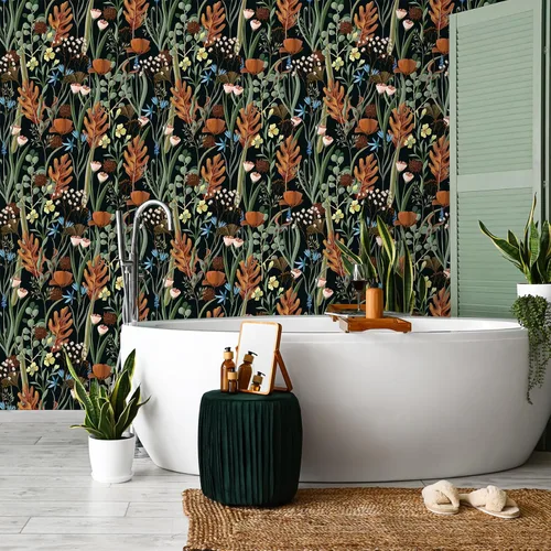 Vista 5 de VEELIKE Papel tapiz floral negro para despegar y pegar, papel de contacto floral seco silvestre para armarios, cajones, paredes, 17.7 x 354
