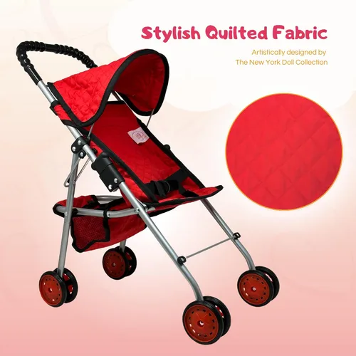 Vista 3 de The New York Doll Collection My First Doll Stroller con Canasta, Cochecito de Muñeca Plegable (Acolchado Rojo)