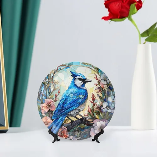 Vista 6 de Platos decorativos, pájaro azul y flores, vitrales, para el hogar, oficina, cocina, decoración de mesa, platos de porcelana de 6 pulgadas, regalos