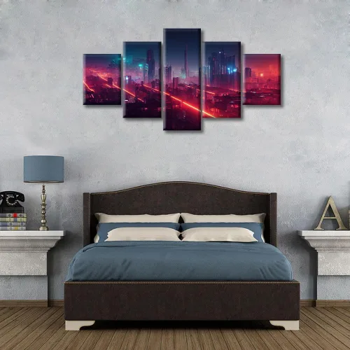 Vista 244 de Cuadros de 5 paneles de Cyberpunk City, arte de pared, representación de vallas publicitarias, edificios modernos en la capital con obras de arte
