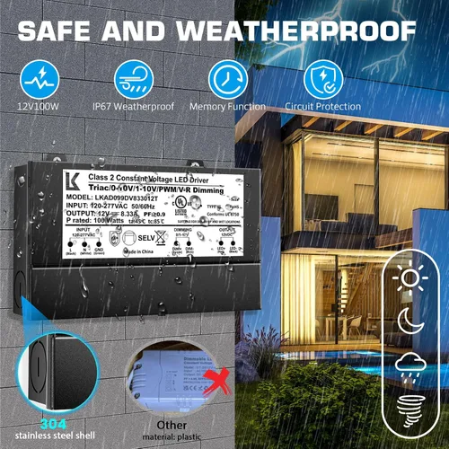 Vista 5 de Controlador LED regulable de 12 V 100 W, 5 en 1 Triac/ELV/MLV/0-10V/1-10V/PWM/V-R, fuente de alimentación de CA a CC, transformador LED impermeable