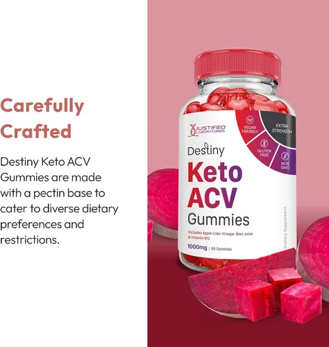 Vista 4 de Justified Laboratories Destiny Keto ACV Gummies (1000 mg) – 60 unidades – Formuladas con vinagre de sidra de manzana, folato y vitamina B12 – Sin