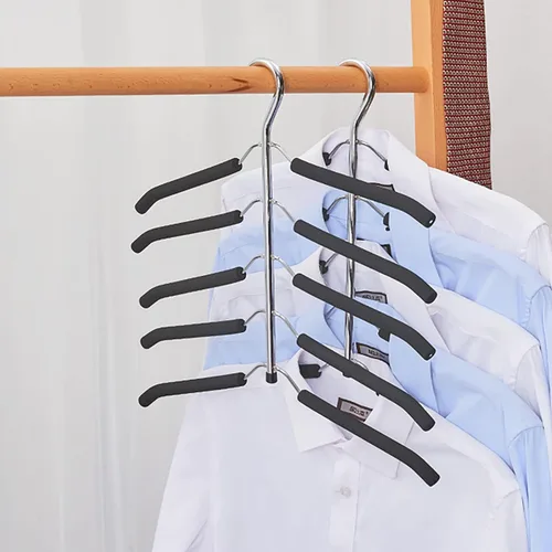 Vista 7 de Paquete de 3 perchas para blusas 5 en 1 que ahorran espacio, perchas acolchadas antideslizantes con brazo oscilante, acero inoxidable resistente