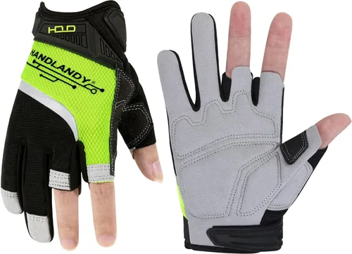 Vista 20 de HANDLANDY Guantes tácticos de impacto sin dedos para hombre, guantes de trabajo con agarre acolchado de medio dedo, guantes de conductor de Verde