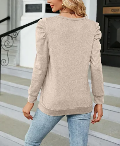 Vista 2 de Camisetas de manga larga para mujer, cuello redondo, manga abombada, casual, holgadas, elásticas, ajustadas