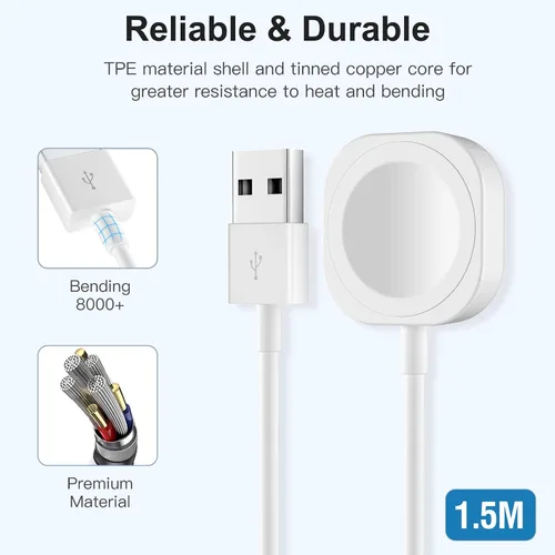 Vista 12 de Cargador USB iWatch compatible con cargador de Apple Watch, cable de carga rápida de 5 pies para i Watch Series 9, 8, 7, 6, 5, 4, 3, 2, SE/2, cable