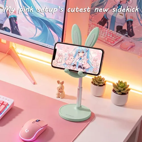 Vista 2 de OATSBASF - Soporte lindo para teléfono celular, soporte ajustable para teléfono con forma de conejo para escritorio, soporte con carcasa gruesa