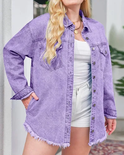 Vista 12 de Vetinee Chaqueta de mezclilla de gran tamaño con botones y dobladillo deshilachado para mujer