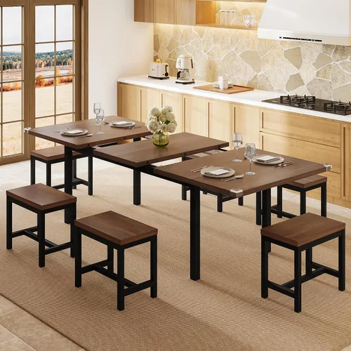Vista 11 de Einhomn Juego de Mesa de Comedor de 5 Piezas para 4-6, Mesa de Cocina Extensible de 63" con 2 Bancos y 2 Taburetes, Estructura de Metal y Tablero
