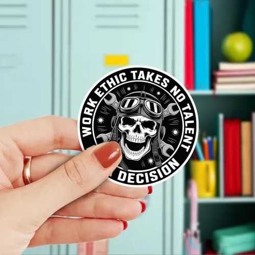 Vista 2 de 3 Pcs Work Ethic Takes No Talent It’s a Decision Stickers, Skull Mechanic Vinyl Decals with Wrenches, Motivational Garage Stickers for Laptops