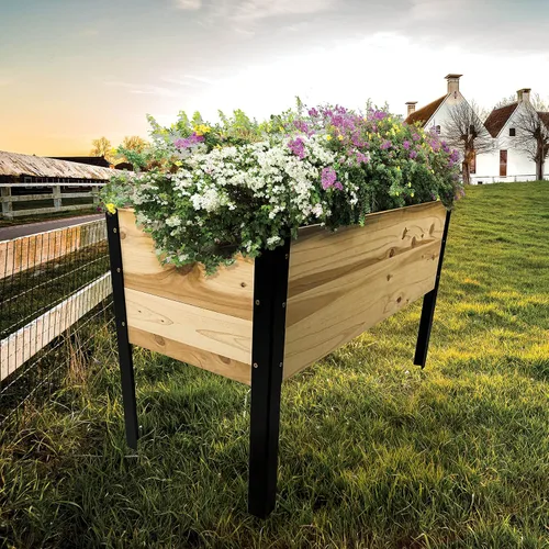 Vista 3 de Maceta elevada de madera con patas de acero, kit de cama de jardín para patio al aire libre para cultivar verduras, madera natural resistente a