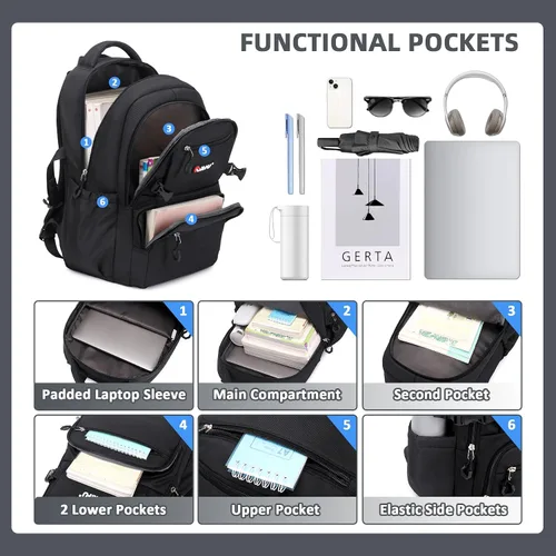 Vista 4 de ASKSKY Mochila para la escuela, mochila ligera para niños y niñas, mochila escolar para adolescentes, para hombres y mujeres, Negro -, Mochilas