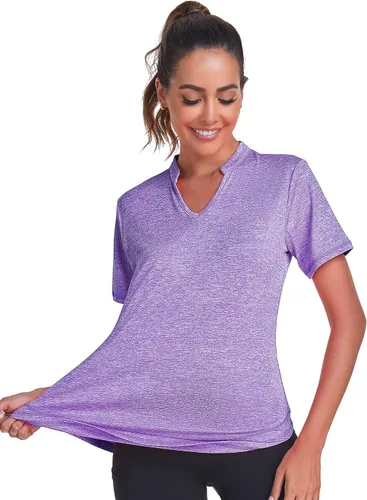 Vista 3 de Absttith Camisetas de entrenamiento de manga corta para mujer, para yoga, senderismo, secado rápido, cuello en V, camiseta deportiva con abertura