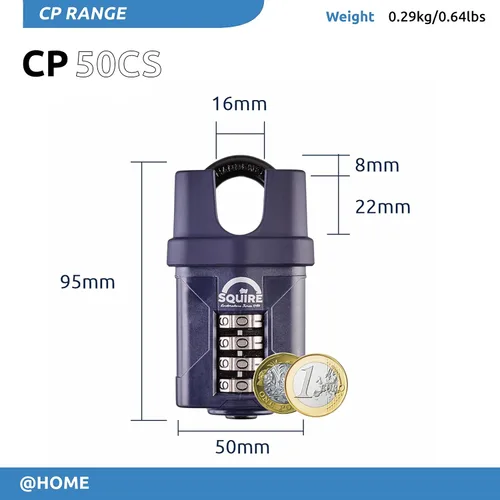 Vista 2 de Squire Candado resistente (CP50CS) – Grillete cerrado más resistente – Candado combinado de 4 ruedas – Acero aleado para resistencia a la corrosión