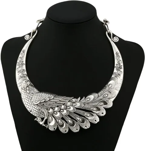Vista 2 de YAZILIND Collar grueso con pechera de pavo real, bohemio, vintage, chapado en plata, étnico, collar de clavícula, joyería, Metal, No es una piedra