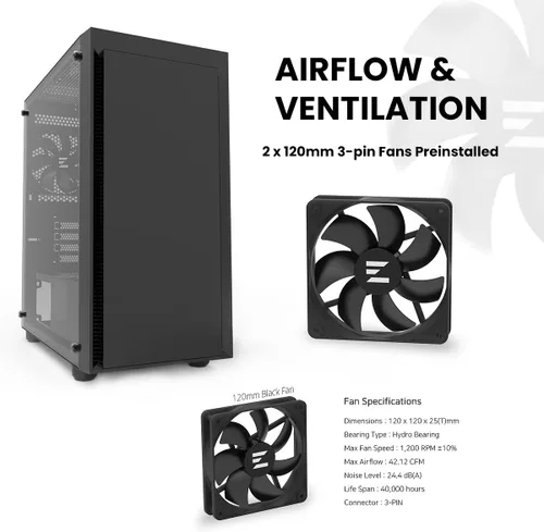 Vista 6 de Zalman T3 MATX Micro-ATX - Carcasa compacta para computadora de escritorio 2 x 120mm Non-RGB Fans, Full Tempered Glass Side Panel, USB 3.0, Modern