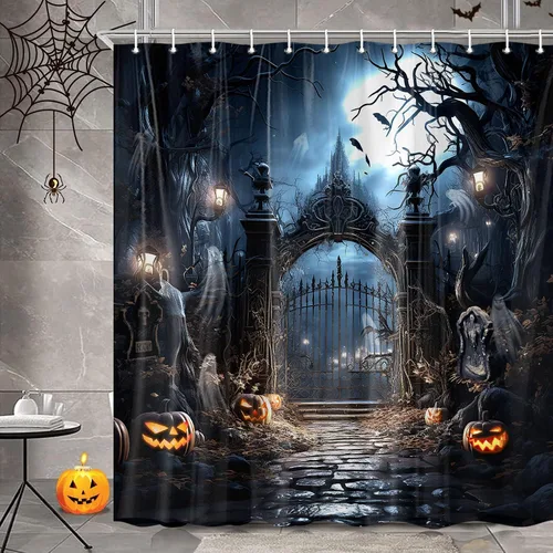 Vista 3 de Halloween Haunted Graveyard Shower Curtains, Horror Forest Shower Curtain for Bathroom, Scary Pumpkin Lantern Tombstone Skull Fabric Waterproof