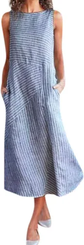 Vista 38 de Vestido de manga larga para mujer, casual, de algodón, lino, con botones, maxivestidos tipo caftán, blanco y azul