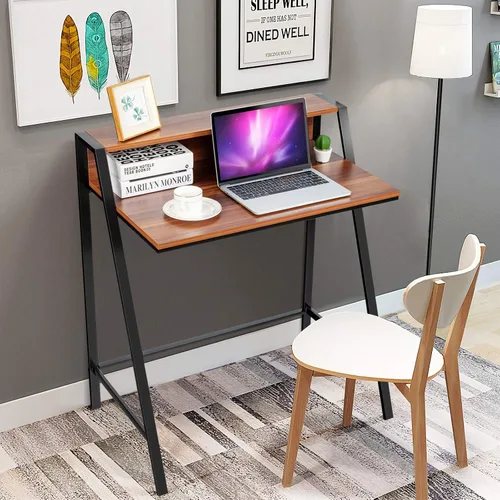 Vista 2 de Tangkula Escritorio pequeño para computadora, escritorio compacto para oficina en casa con marco resistente, mesa de estudio de 2 niveles