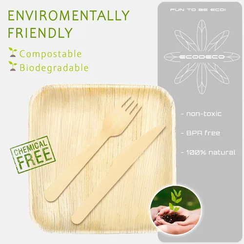 Vista 6 de ECODECO Platos de hoja de palmera – 50 piezas cuadrados de 8 pulgadas – Platos desechables como bambú para fiesta con cubiertos