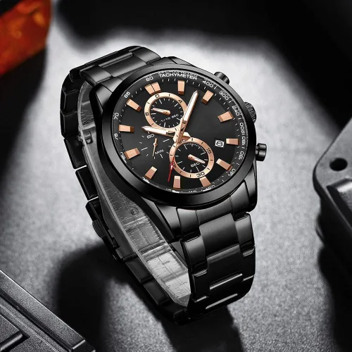 Vista 4 de Reloj de pulsera analógico de cuarzo para hombre, cronógrafo, impermeable, correa de cuero, correa de cuero, reloj de pulsera
