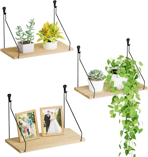 Vista 10 de QsQueen Eleva tu espacio con el juego de 3 estantes flotantes de madera rústica, perfectos para dormitorio, sala de estar, baño y decoración