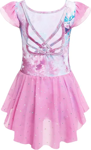 Vista 15 de Arshiner - Malla de ballet con mangas de volantes brillantes y falda con espalda cruzada para niñas Floral rosa aguamarina