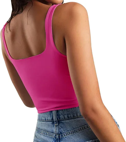 Vista 2 de Artfish - Camiseta corta casual y básica con tirantes delgados y cuello cuadrado sin mangas de doble capa para entrenamiento y para hacer ejercicio