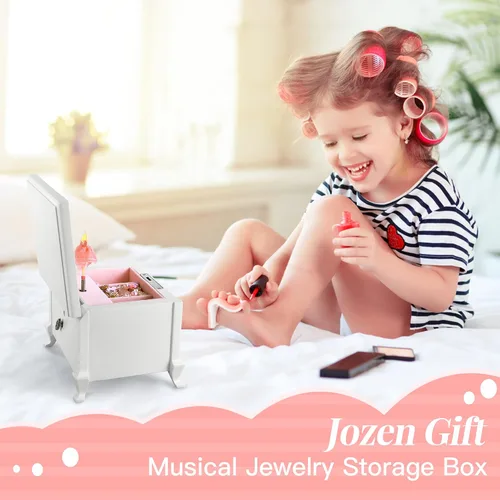 Vista 6 de Jozen Gift Joyero musical pequeño de bailarina con espejo para niñas, caja de música blanca para almacenamiento de joyas para niños, organizador